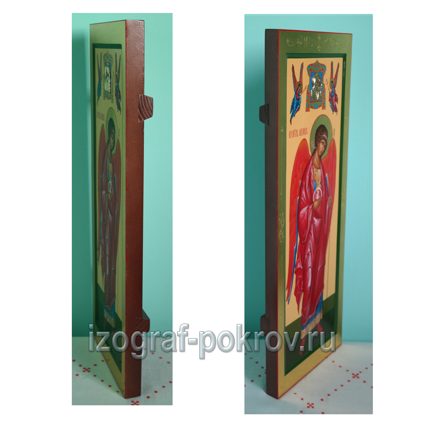Мерная икона Архангела Михаила с миниатюрой Богородицы вид сбоку