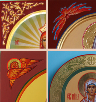 Оформление арочного ковчега и поля иконы с изображением Херувимов темперной краской и узорами на золоте на мерных иконах