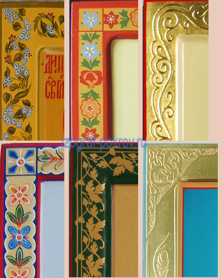 Оформление поля (рамки) иконы с помощью узоров темперной краской, резьбой по золоту, рельефными золотыми узорами