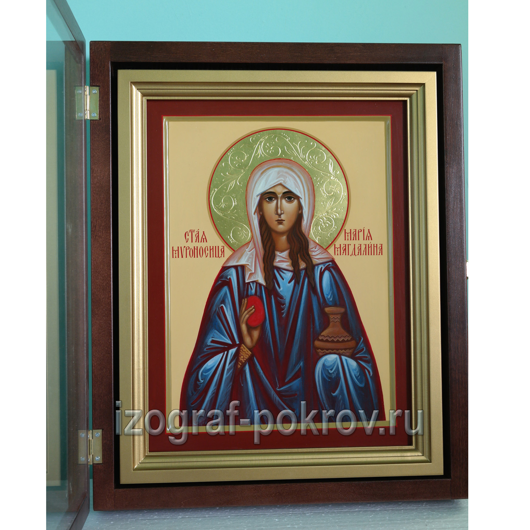 Икона Мария Магдалина с узорчатым золотым нимбом